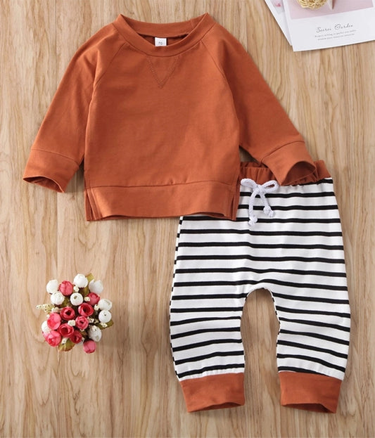 Brown Solid Baby Sweatshirt & Striped Pants