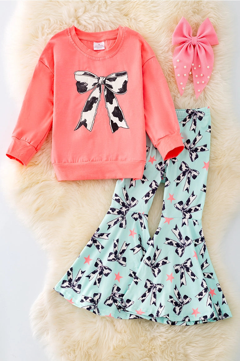 Cow Coquette Printed Bow with Bell Bottoms