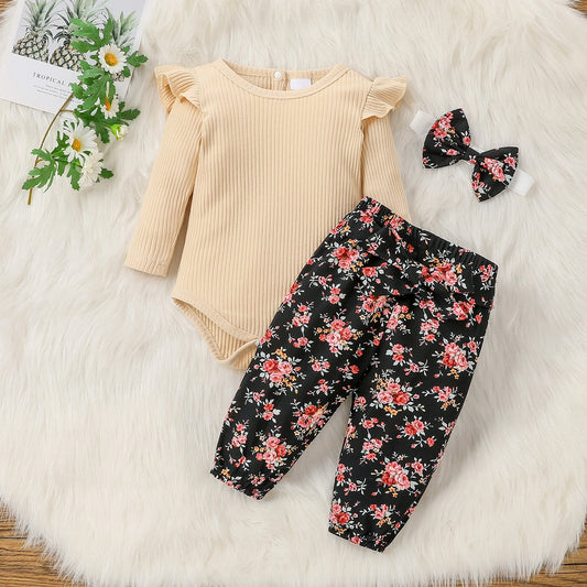 Ribbed 3pcs Floral Ruffle Long-Sleeve Baby Set