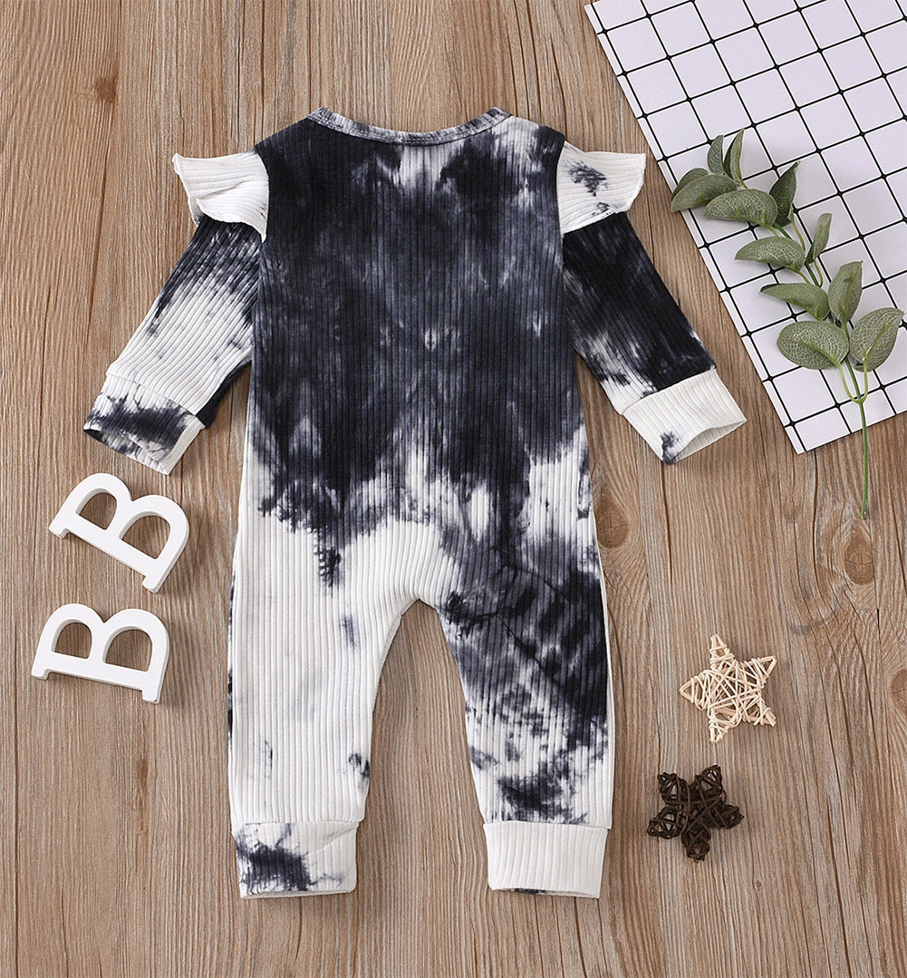 Black & White Tie Die Ribbed Baby Romper