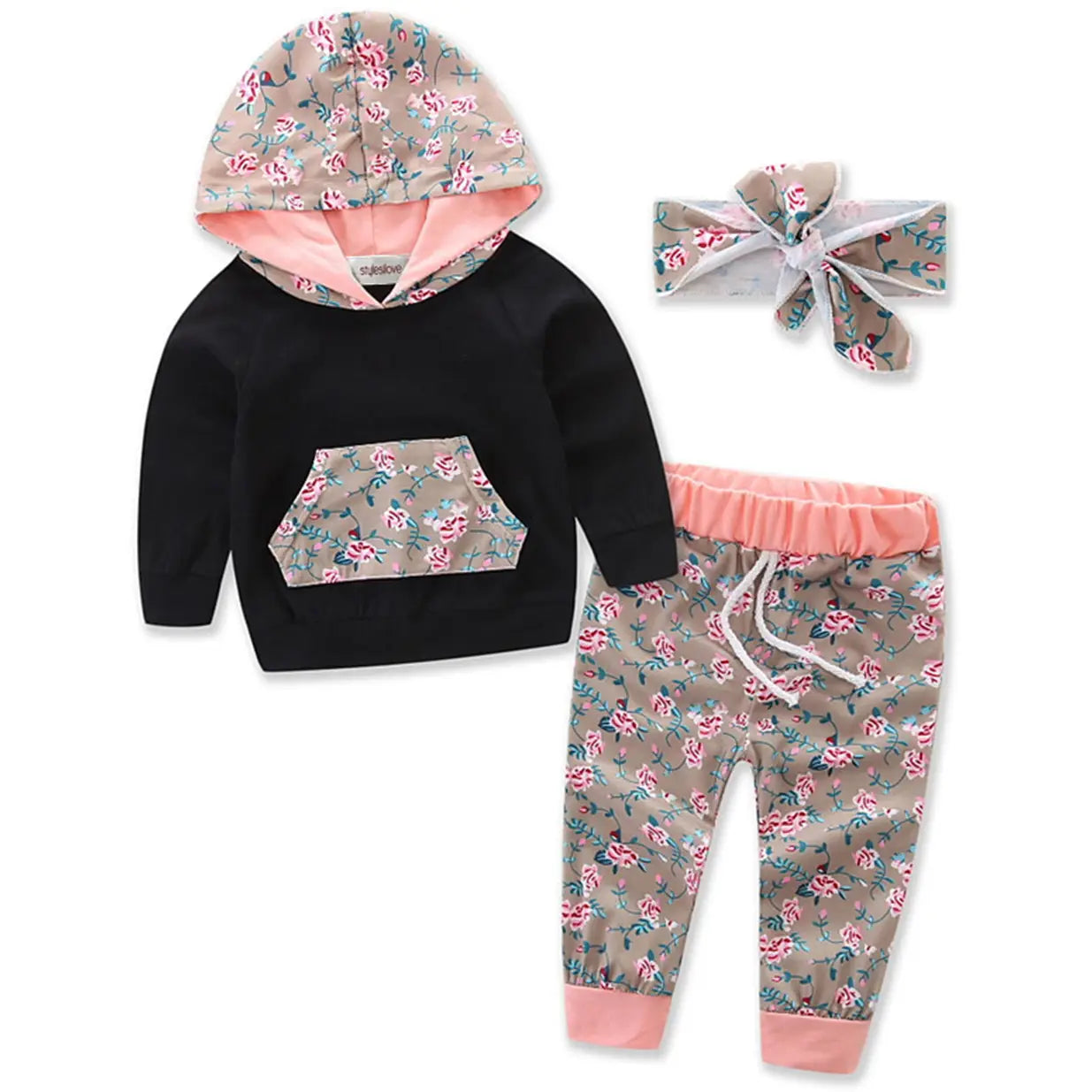 Black-Pink Baby Hoodie, Pants & Headband