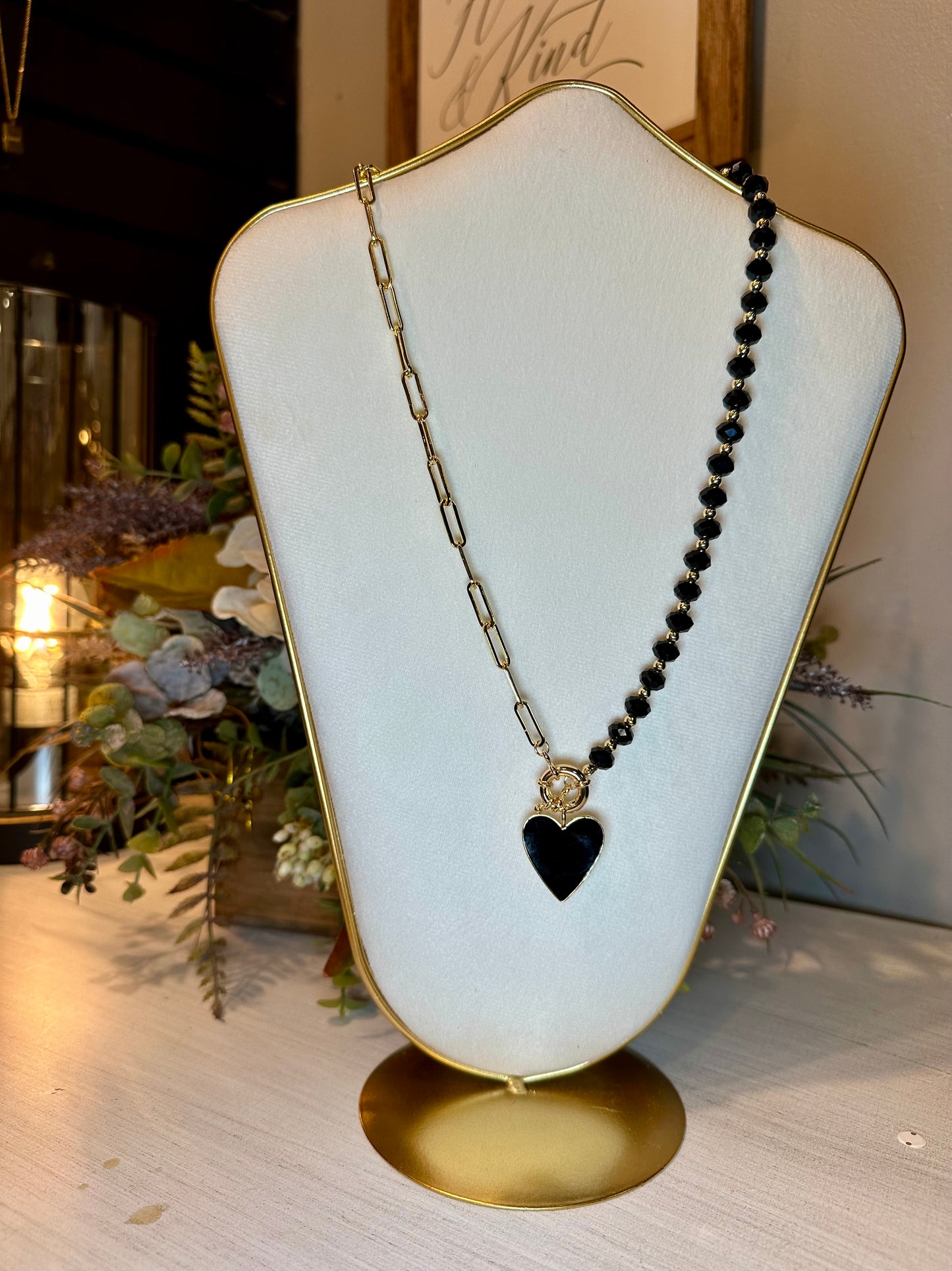 Gold + Black Heart Charm Necklace