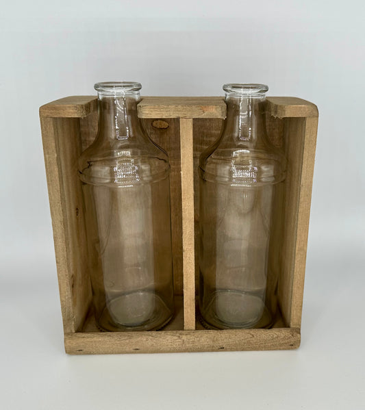 Rustic Wooden Box with Glass Vases