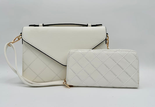 White Patterned Handbag + Wallet