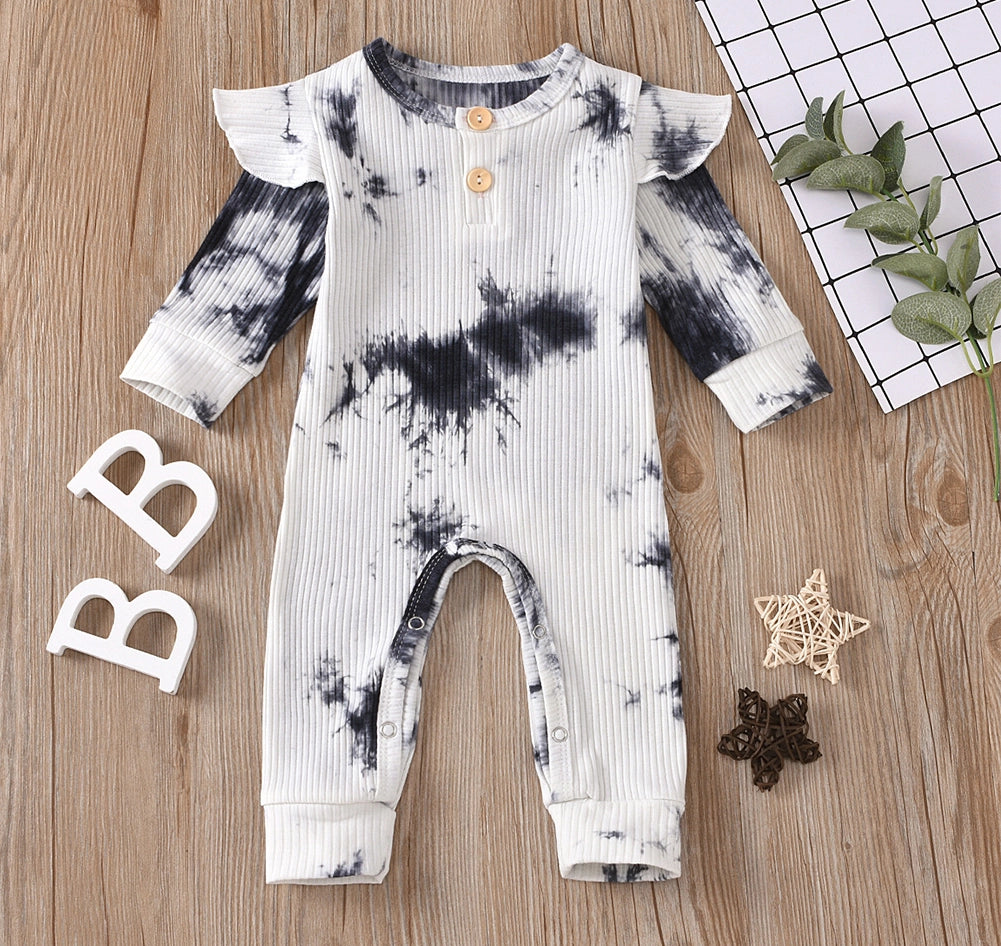 Black & White Tie Die Ribbed Baby Romper